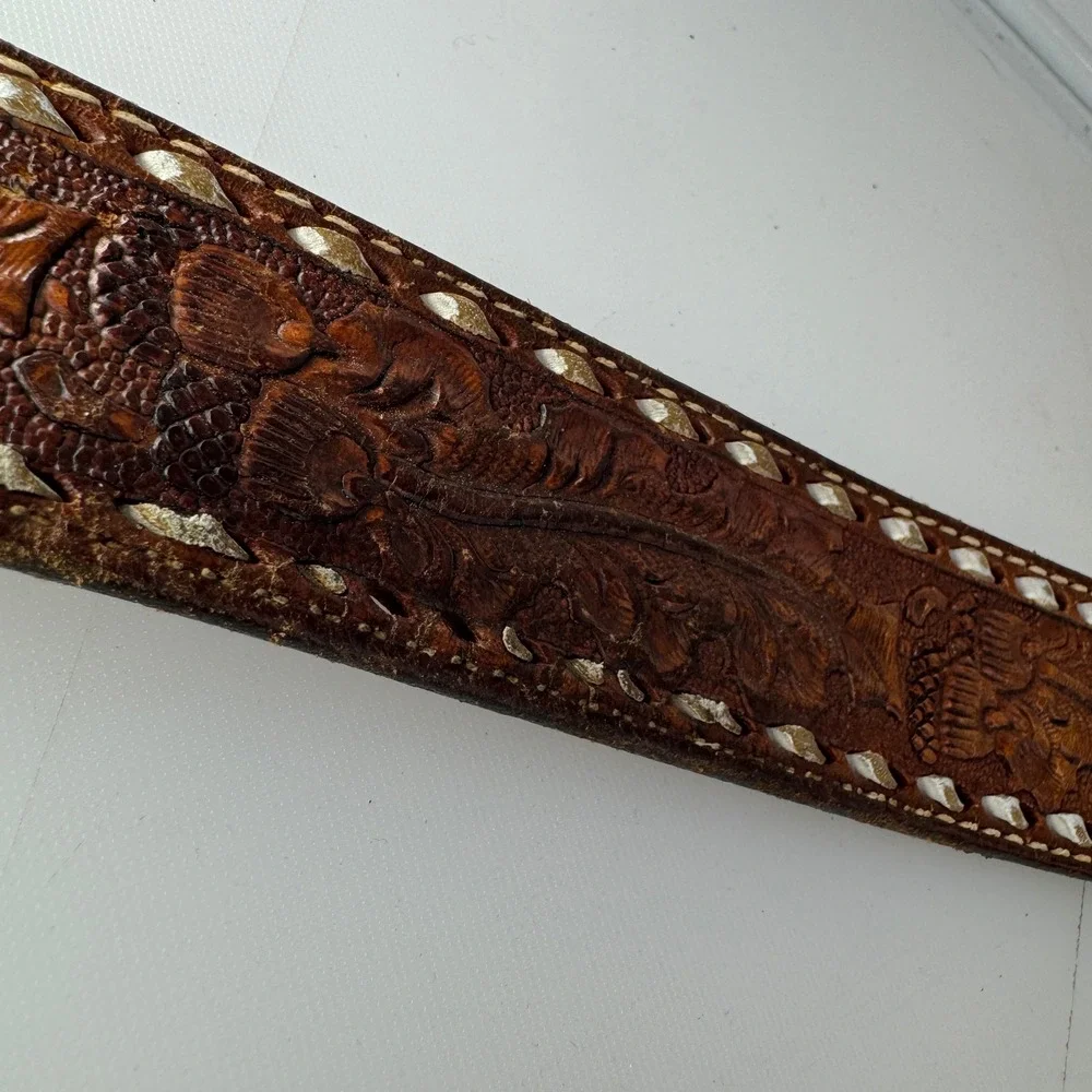 Vintage Tony Lama Belt Men 34 Brown Floral Tooled Leather Laced Trim Western